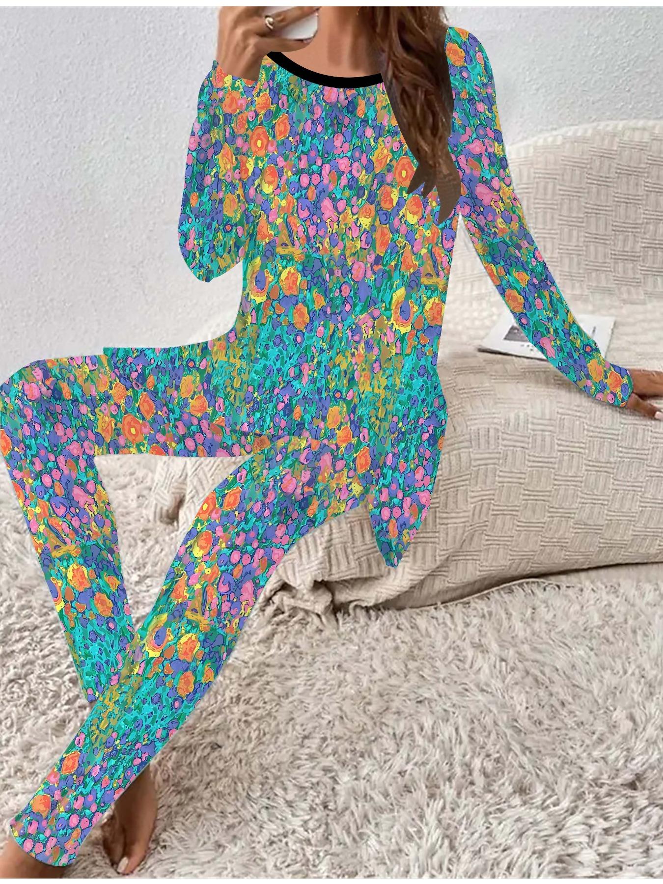 

Евро-американская мода Женский всесезонный комплект из двух предметов: футболка с длинным рукавом с 3D-принтом цветов + длинные брюки. Идеальный подарок на Новый год и Рождество 8XL зелёный