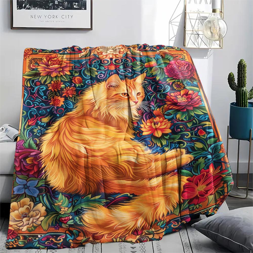 1Pc Boho Floral Cat Print Flannel Blanket, High Quality Comfortable for All Seasons, Home Decor, Warmth and Comfort, Perfect for Christmas Gifts
