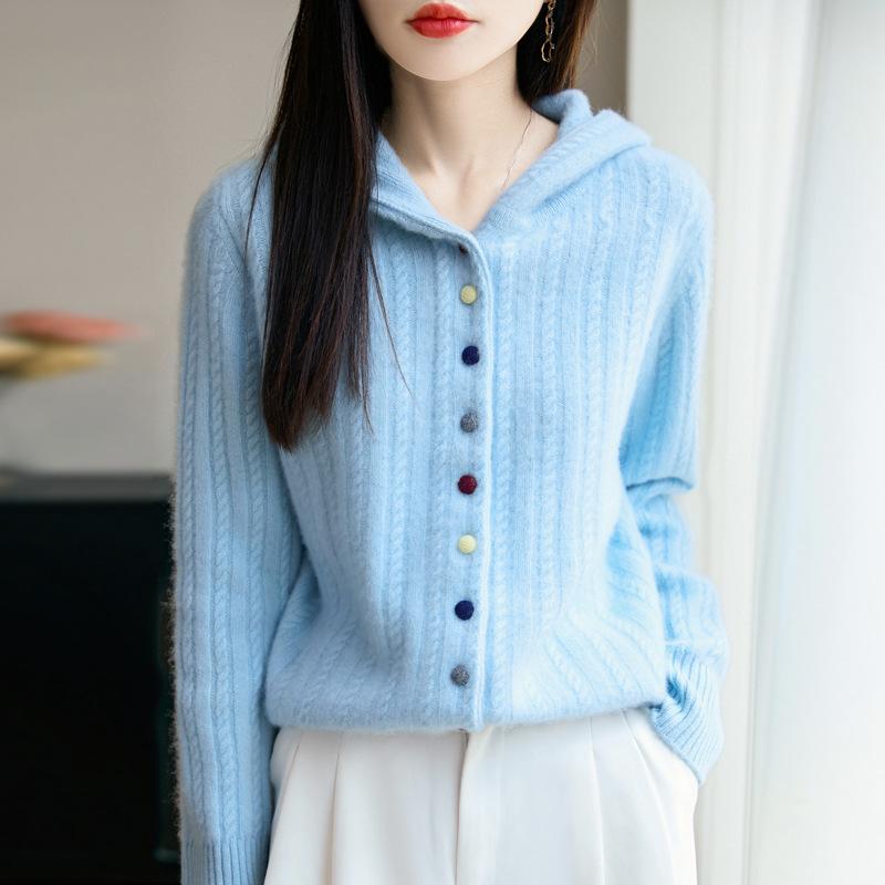 Autumn And Winter New Thickened Hooded Wool Cardigan Women'S Twisted Flower Simple Casual Lazy Wind Knitted Sweater Jacket