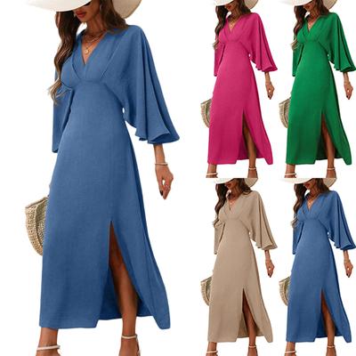 Ladies' Loose Comfortable Casual And Fashionable Summer Solid Color Split V-neck Long Sleeved Dress