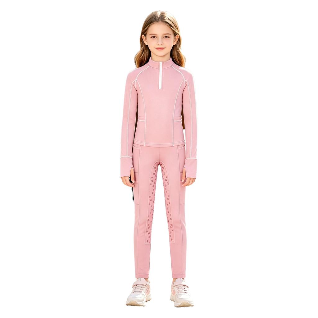 Tenue d'équitation pour filles Ensemble à col montant, manches longues avec trous pour les pouces, pull à fermeture éclair avec pantalon d'équitation à grip intégral antidérapant pour l'entraînement