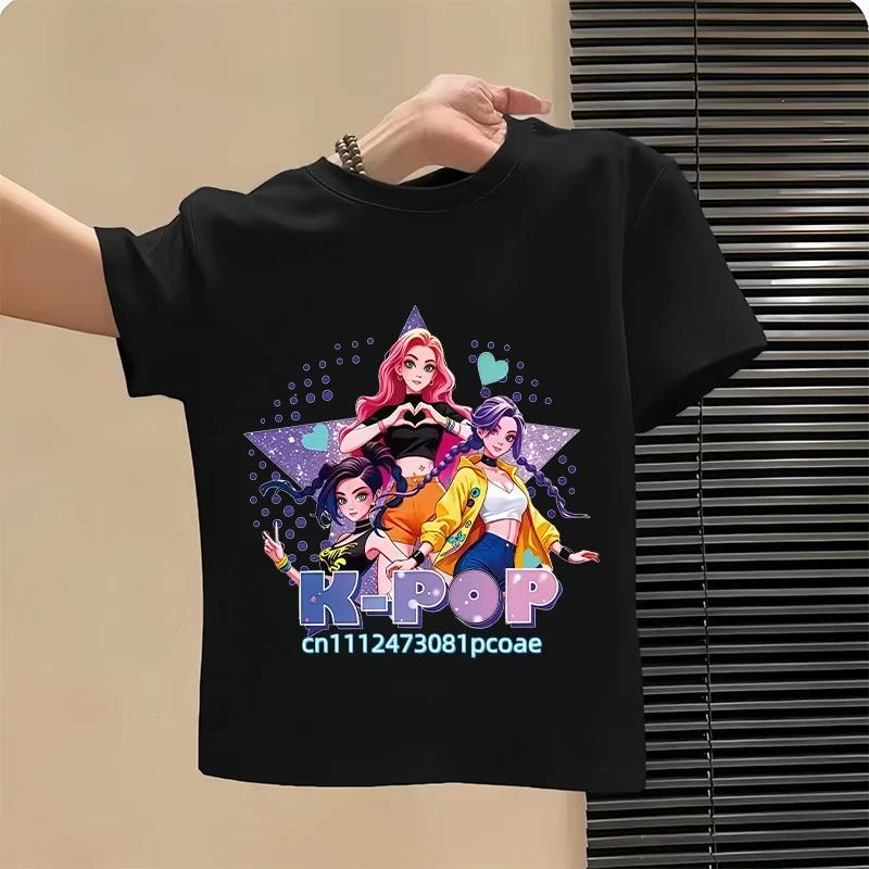 Summer Kpop Popular Cartoon Print Childrens Design Casual Harajuku Style Round Neck Short Sleeved Top Fans Gifts Kids Clothes