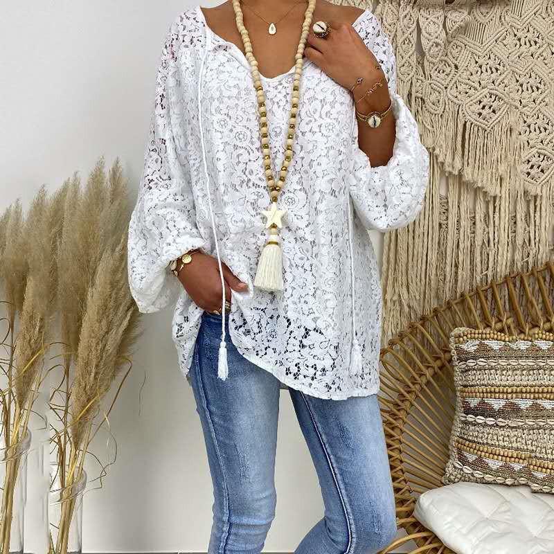 European and American Women's White Lace V-Neck Loose Pullover Long Sleeve Top