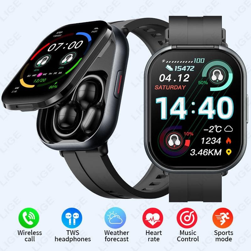 D12 Smart Watch with Earbuds 2-in-1 2" Square Screen Bluetooth Call Fitness Watch Health Monitor