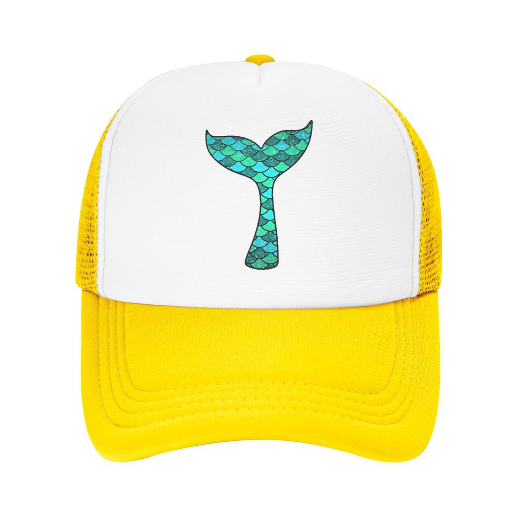 Mermaid Tail Print Trucker Hat Breathable Mesh Baseball Cap Black White Adjustable Casual Outdoor Headwear