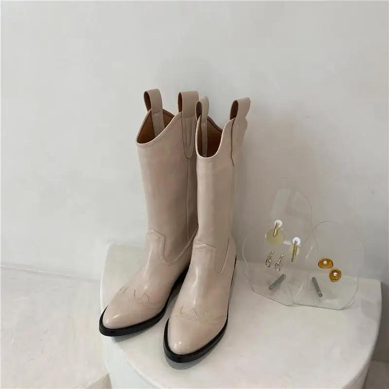 Fashion Half High Boots for Women Waterproof Mid Calf Shoes Woman Retro Pointed Toe Chic and Elegant Boot Sale Pu Quality On Offer Y2k