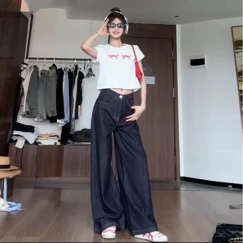 Women's High-Waisted Dark Blue Retro Denim Wide-Leg Pants - Summer Style, Floor-Length, Loose Drape, Suited for Tall (175-180) Women