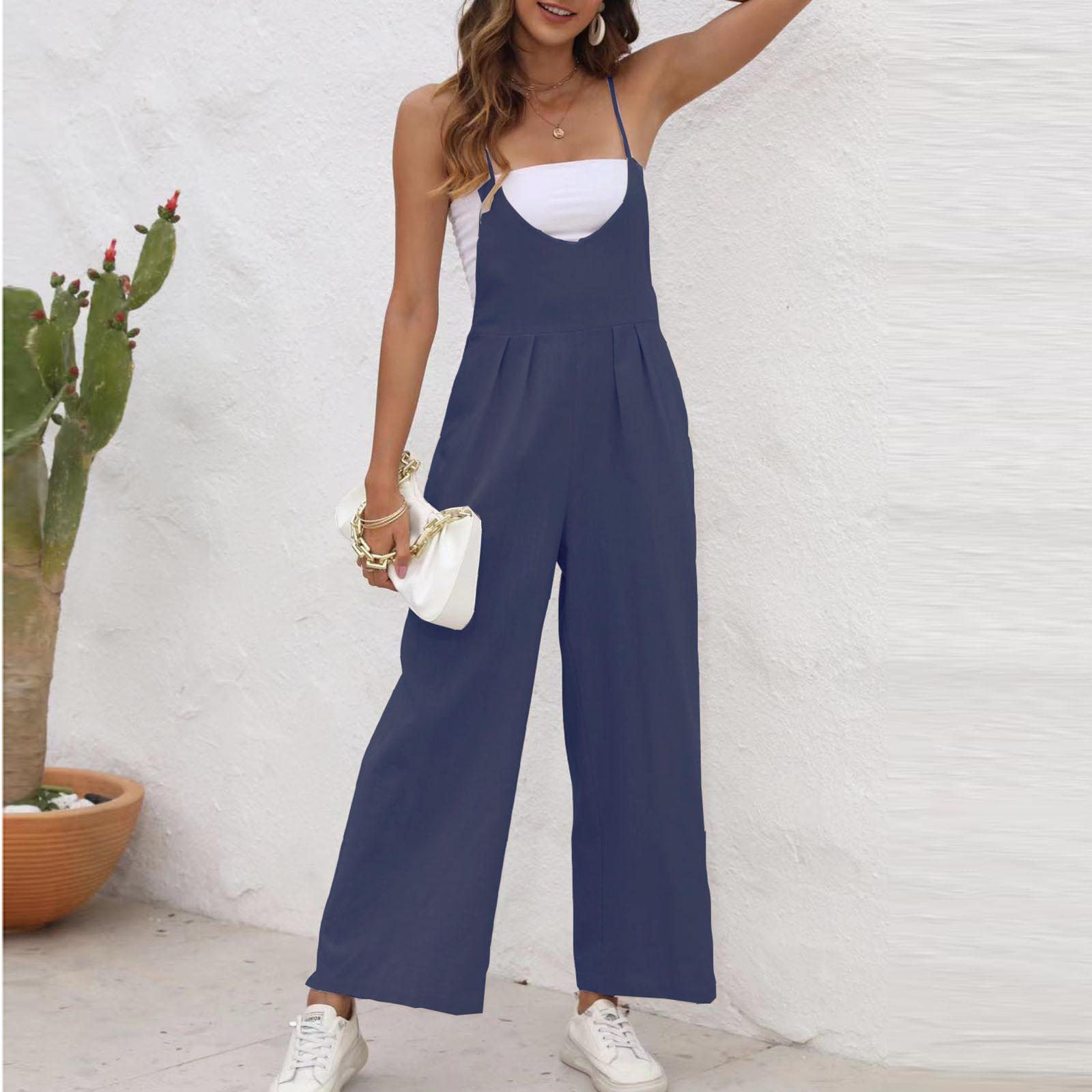 

Женские модные летние однотонные брюки без рукавов с v-образным вырезом, широкие брюки, комбинезон XL тёмно-синий