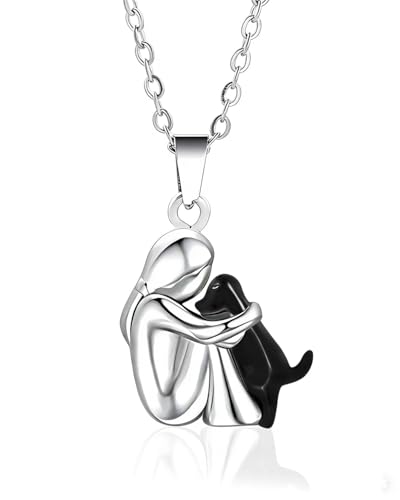 DAFNE Girl and Dog Hug Necklace Pet Theme Pendant Gift for Daughter Girlfriend Friend Black