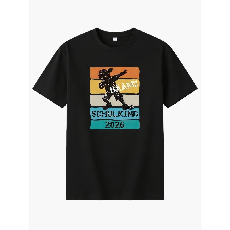 Kids Crewneck Short Sleeve T-Shirt, Stylish Colorful "BAAM SCHULKIND" Letter Print Summer Tee