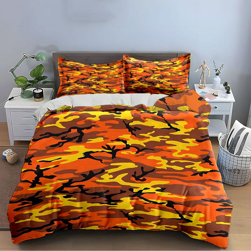Camouflage Pattern Orange Bedding Duvet Cover Set Duvet Cover Pillowcases (1*Duvet Cover 2*Pillowcases, without duvet insert)
