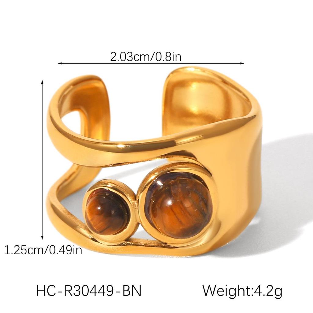 Women's Colorfast Retro Stainless Steel Ring with Natural Stone, Open & Versatile Titanium Steel Design