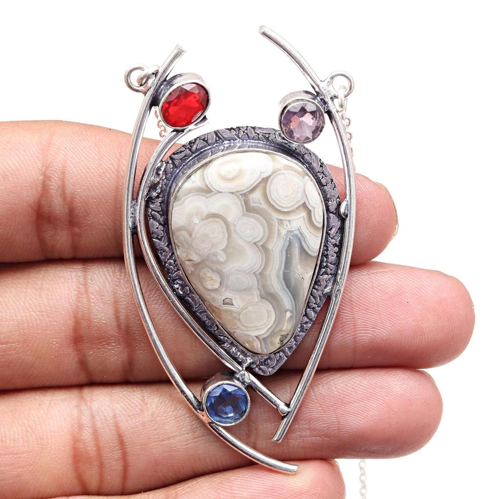 Crazy Lace Necklace Agate Gemstone Pendant Silver Natural Jewelry  Jewelry