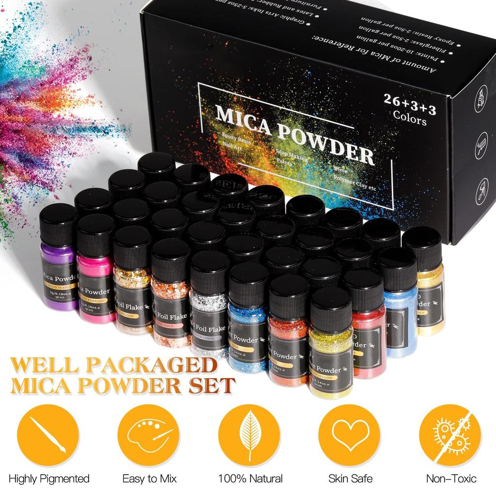 Coloranți Rășină Biutee, Pudră pentru Unghii, Pudră Mica, Set 32 de Culori (5gCuloare), Colorant Rășină, Pudră Mica 26 Culori, Pudră Foaie de Aur 3 Culori, Laser 3 Culori