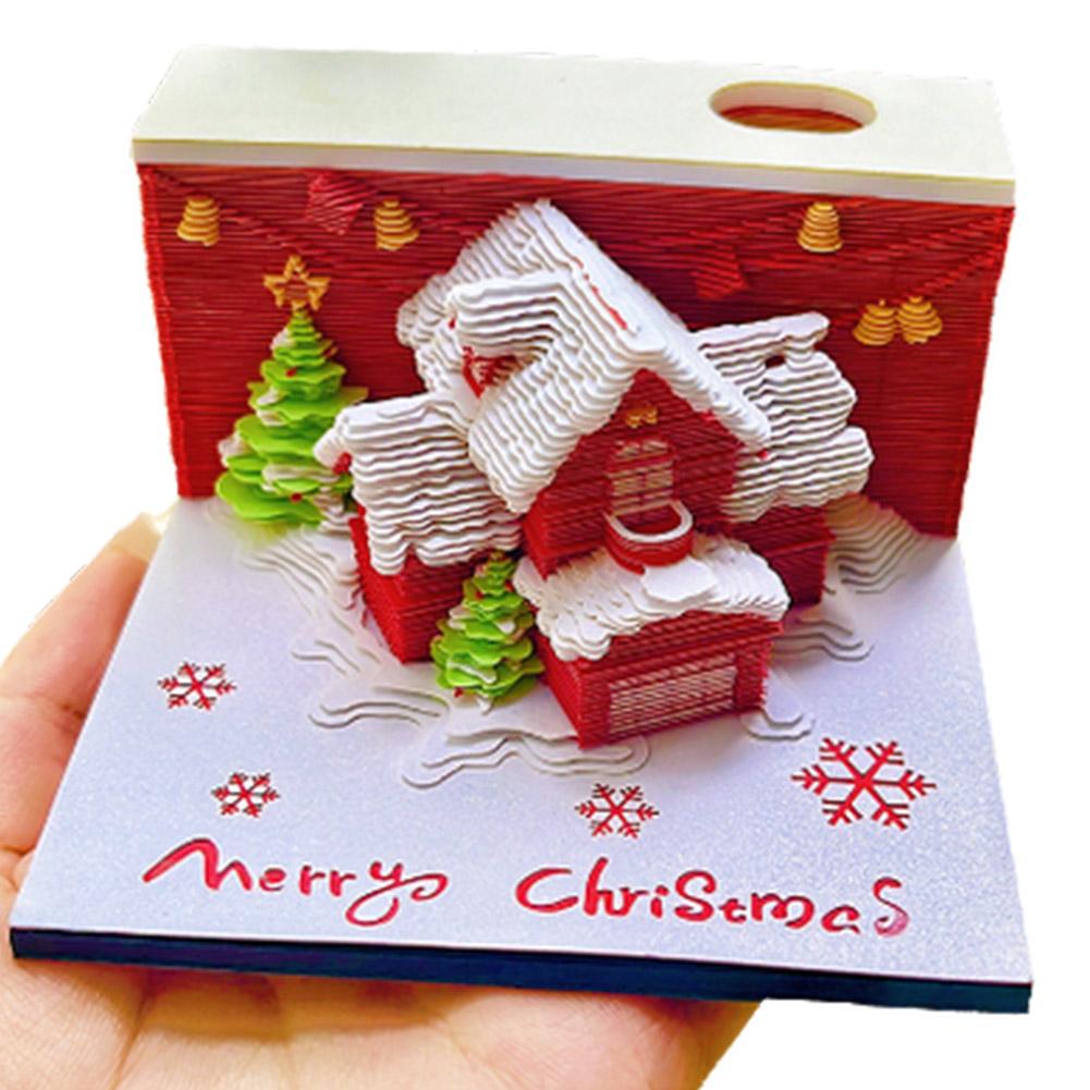 Christmas Village House 3D Memo Pad Aesthetic Desktop Holder Paper Pad Winter Carving Holiday C U0W6
