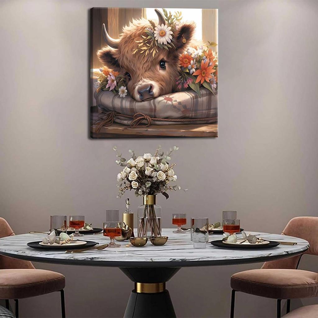 VeeFeng Cute Highland Cow Baby Canvas Wall Art Rustic Farmhouse Daisy Print Wall Decor Picture Amiable Baby Calf Poster Home Decoration Aesthetics