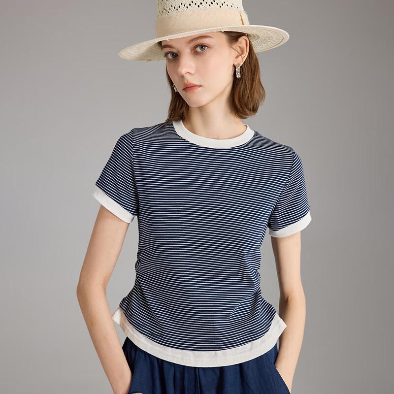 Wudao Women s French Contrast Stripe Pleated Waist T-shirt M