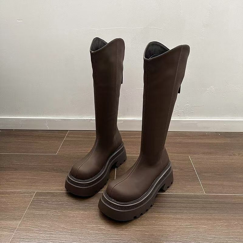 Versatile and thin v-mouth knight boots American retro brown heightening platform boots women's 2025 autumn and winter new models