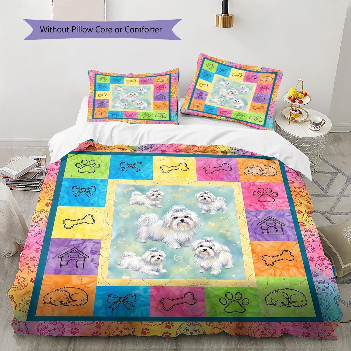 Colorful Dog Puzzle Pattern Bedding Set Quilt Cover Pillowcase Home Decor Gift (1 * duvet cover + 2 * pillowcase, without core) 135x200cm