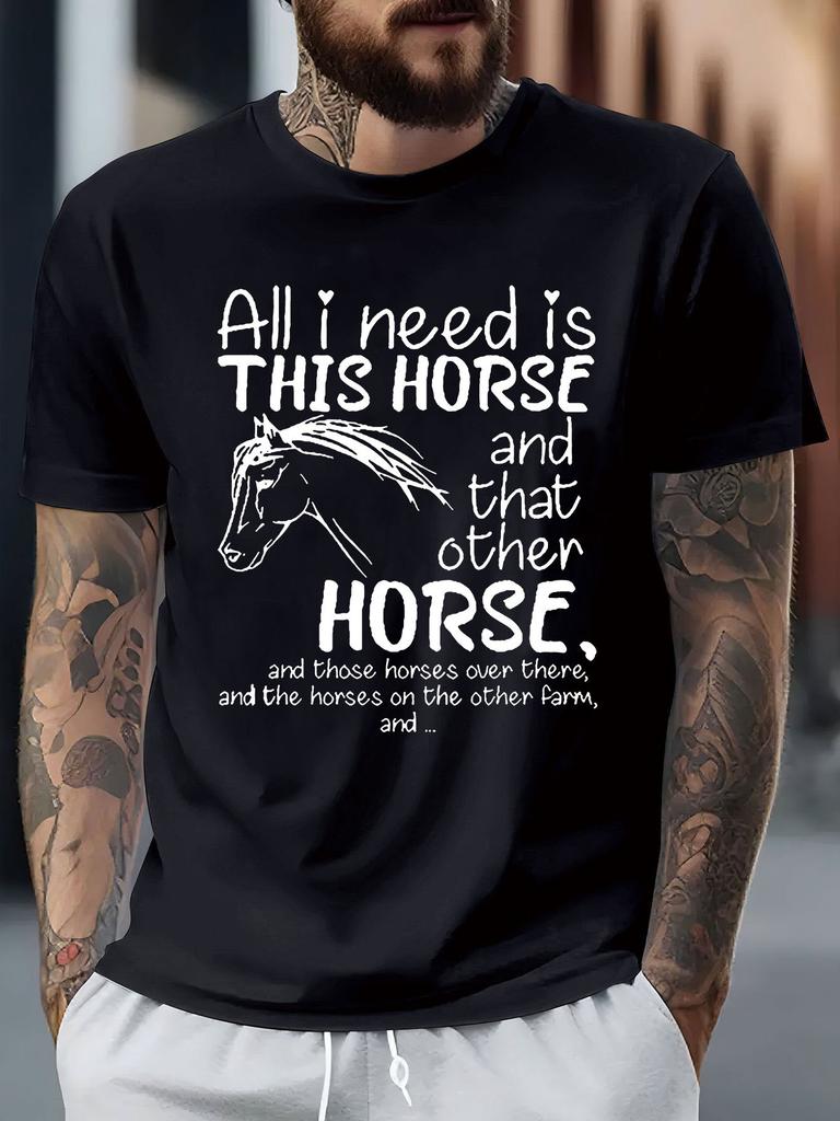 Horse Letter Graphic Printed Short Sleeved Luxury Cotton T-shirt for Summer Unisex Men and Women Casual Loose Fashion Trend