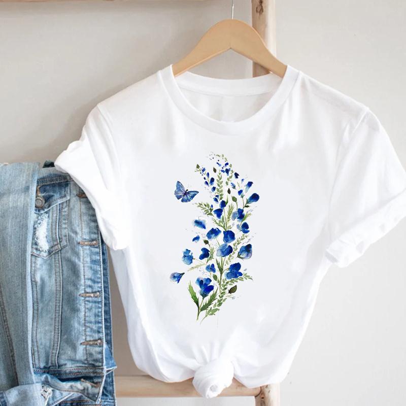 (European Size) 90s Flower Spring Short Sleeve Tee Top Fashion T-shirt Clothing  90s Casual Women Print Summer Lady Female Graphic T-shirt