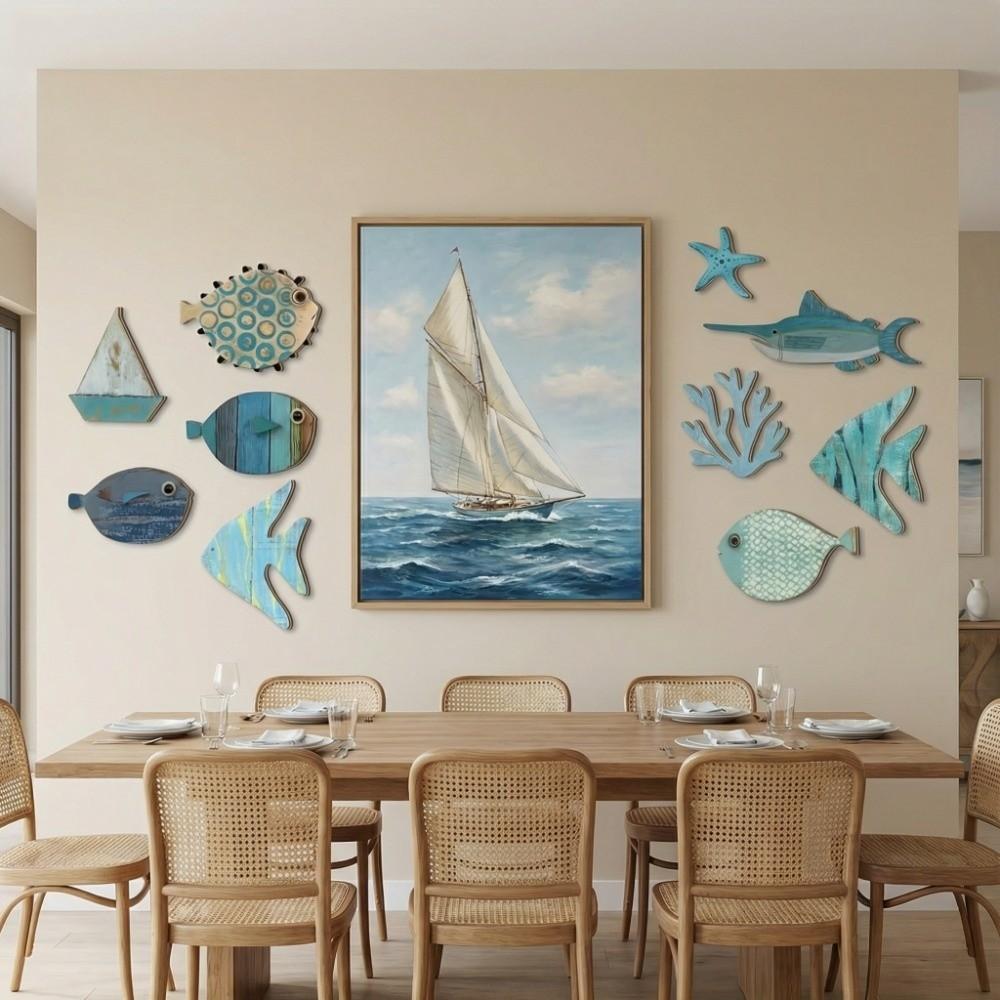 10Pcs Wall Art Wooden Decorations Retro Fish Wall Decor  Bedroom Home Decorations