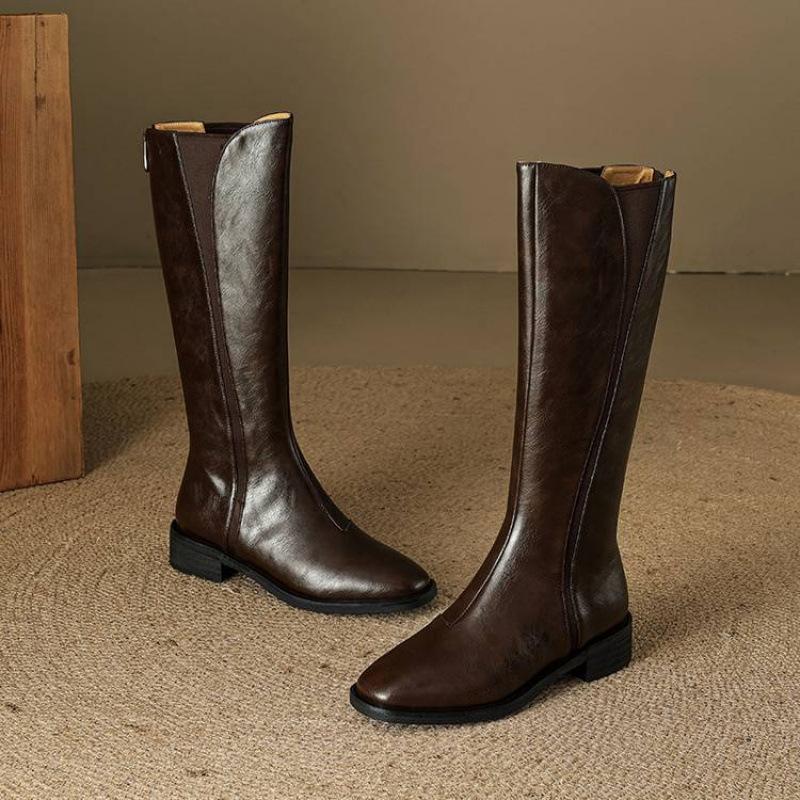 New Medium Heel Large Size Women's Boots Solid Color Rear Zipper Square Heel Comfortable Leather Fashion Boots Square Head Cowhide High Boots