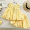 Girls Summer 3D Bloomer Shorts Set Cute Sleeveless Bow Top Two Piece Outfit Fashionable Kids Clothing