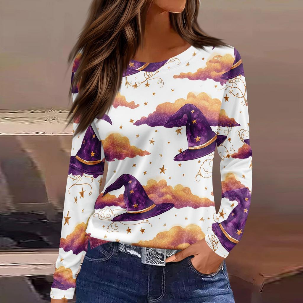 Women's Halloween Print Long Sleeve Top with Round Neck and Hem Slit