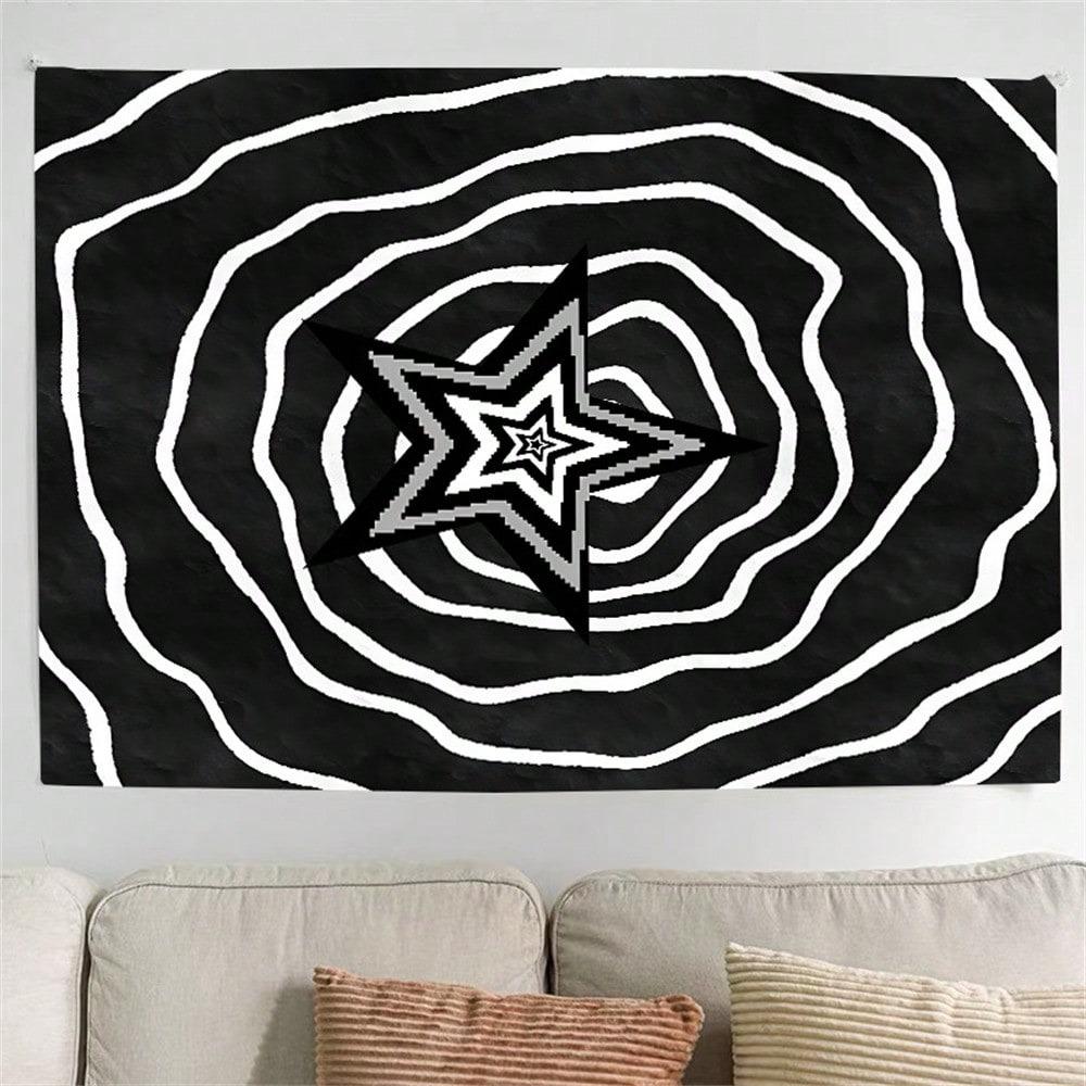 Trippy Spiral Star Tapestry, Black White Pixel Star Print Polyester Wall Hanging, Psychedelic Minimalist Themed Home Decor For