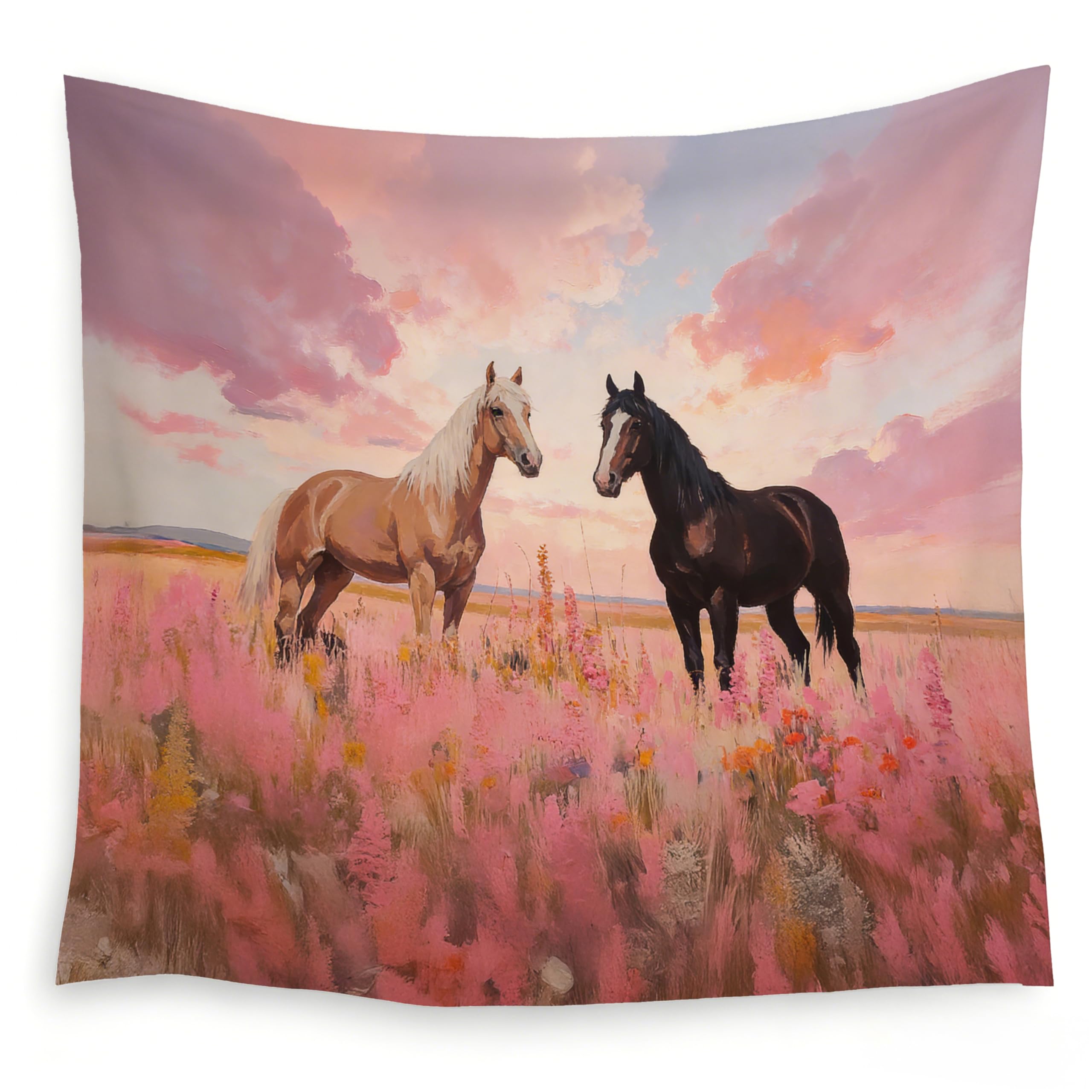 Pink Wildflower Horse Tapestry Wall Hanging, Horse Decor for Girls Room, Pastel Floral Meadow Horses Wall Tapestry for Girls 70x100CM