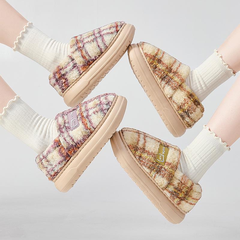 Retro Plaid Cotton Shoes Women's Autumn and Winter Home Plush Warm Outer Wear Non-slip Korean Version Bag Heel Cotton Slippers Men
