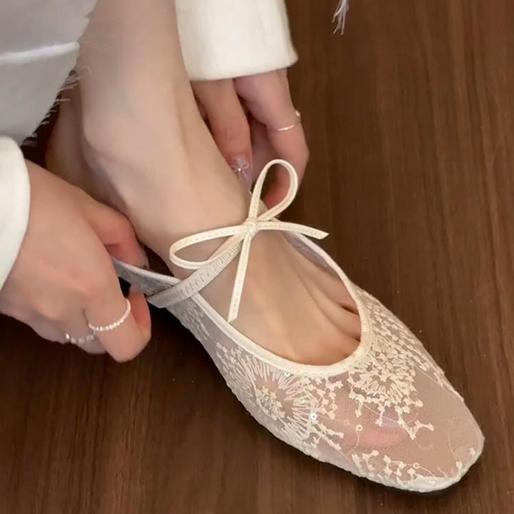 Sheepskin white French inner heightening shoes ballet shoes women's new bow mesh versatile flat shoes women