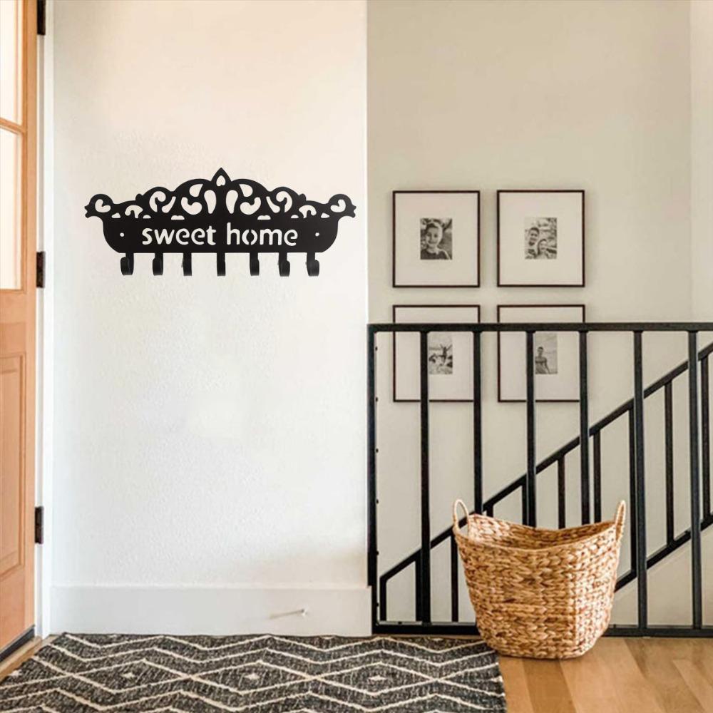 Wall Mounted Key Holder with Black Metal Row Hooks - Ideal for Decorative Wall Key Storage and Organization