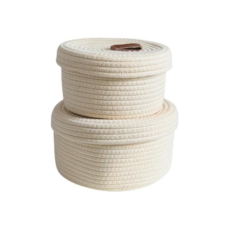 Pack of 2 Sturdy Cotton Rope Storage Baskets With Lid for Organizing Rope Keys and Toy In Elegant Color Designs