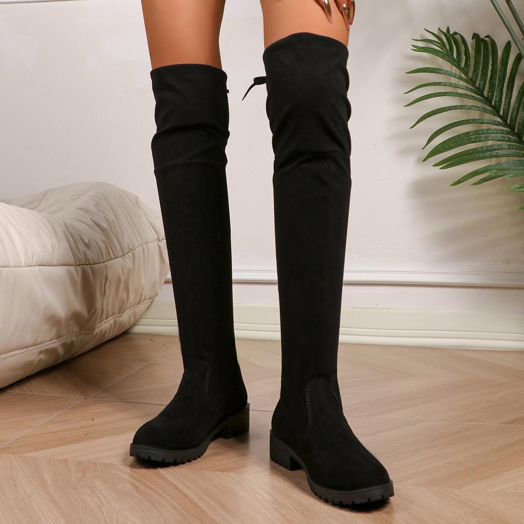 Winter New Round Toe Square Heel Comfortable Casual Over The Knee Boots Fashionable and Sexy Lace Up Motorcycle Boots for Women