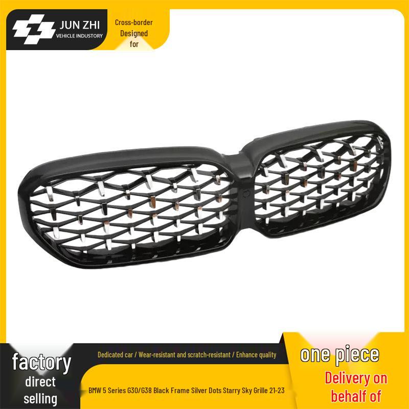 Compatible Grille for 21-23 BMW 5 Series G30/G38 - Starry Sky Black with Silver Dots, Bright Black, and Semi-Silver Mesh Design.