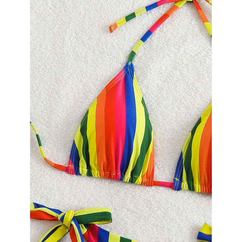 Regnbuestripet Bikinisett Dame Sommer Nytt Badedrakt Todelt Halter Snøring Badedrakt Mote Ermeløs Badeklær Strandklær