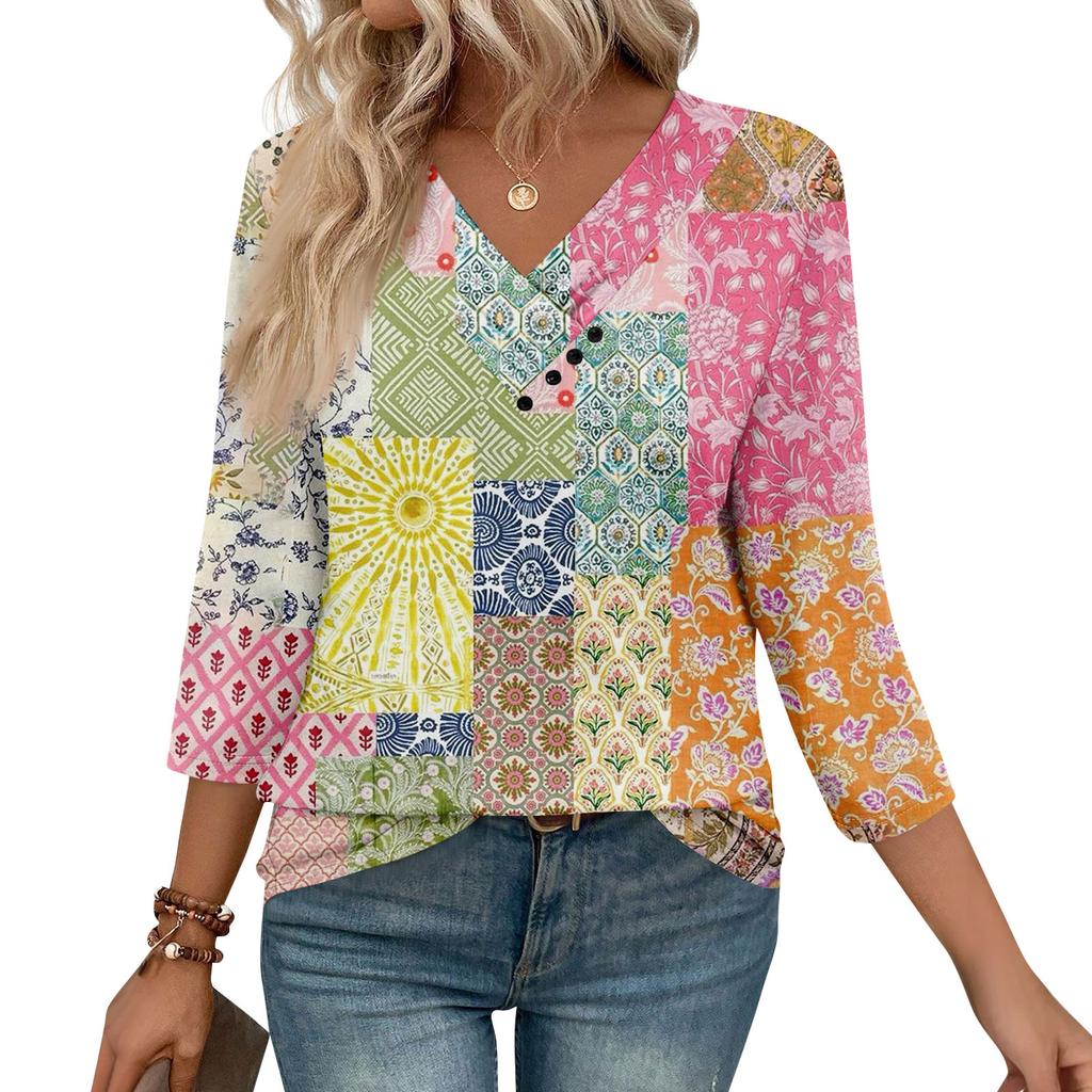 Womens 3/4 Sleeve Daily Weekend V Neck Casual Printed Tshirts Loose Fit Pleated Tees Button Down Shirts