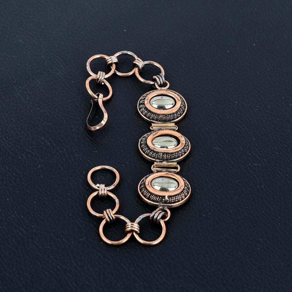 Golden Apache Pyrite Bracelet, 999 Copper Wire Wrapped Jewelry, Gemstone Bracelet Whit Adjustable Chain Gift For Her, Handmade Dainty Jewelry