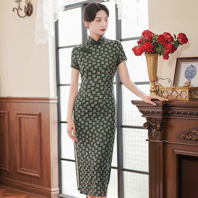 Printed Standing Neck Long Skirt Qipao Print Stand-up Collar Slim Fit Long Dress Cheongsam Women