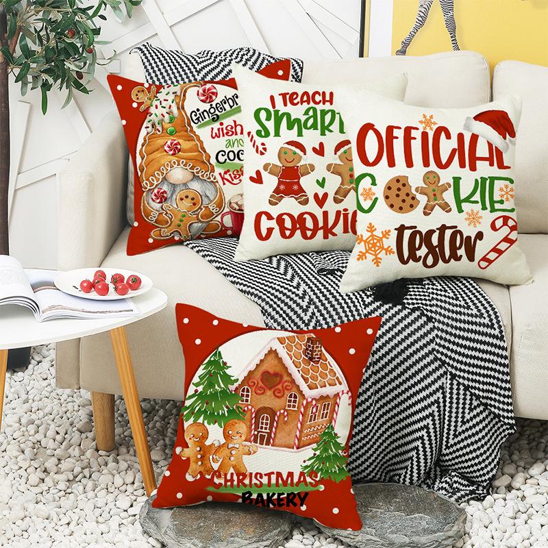 New Style Pillow Case Christmas Letter Decoration Gingerbread Man Print Linen Sofa Bedside Pillow Case
