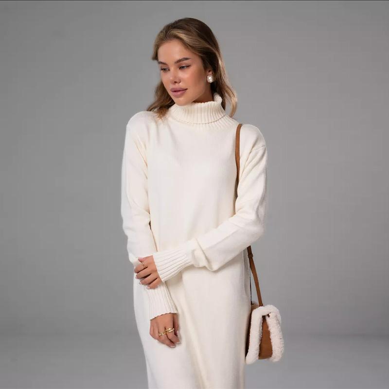 Elegant Solid Color Knitted Dress Women Loose Turtleneck Long Sleeve Female Sweater Autumn Winter Fashion Lady Knitwear