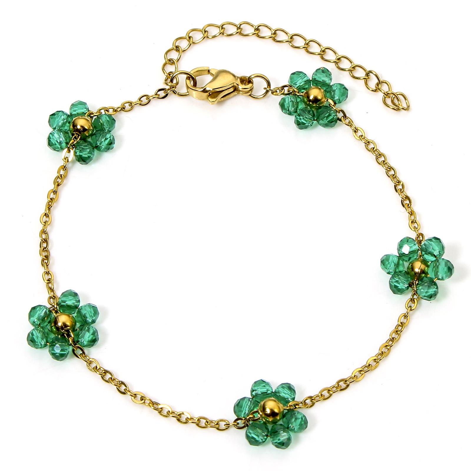

1 Piece 304 Stainless Steel Handmade Link Chain Bracelets Colorful Glass String Beads Flower 18K Gold Plated 17cm(6 6/8 ) long
