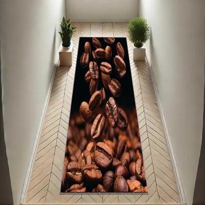 Minimalist Coffee Bean Rug Textured Print with Realistic Falling Beans In Deep Brown Simple Yet Sophisticated Mat To Elevate