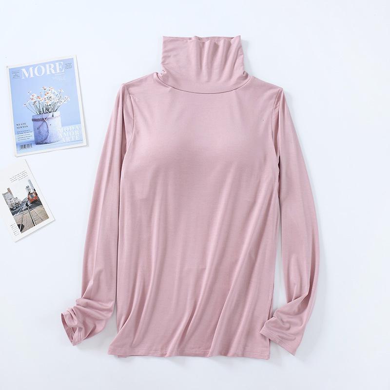 Modal Padded High Neck Long Sleeve Slimming T-Shirt with Built-in Bra for Women - Autumn/Spring.