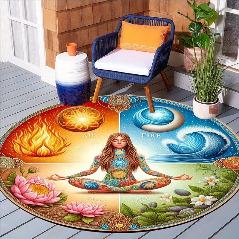 Wasser und Feuer Elemente Lotus Meditation Runder Teppich - Polyester Kristall Samt, Rutschfeste Yogamatte für Wohnzimmer, Schlafzimmer, Lounge - Home Interio