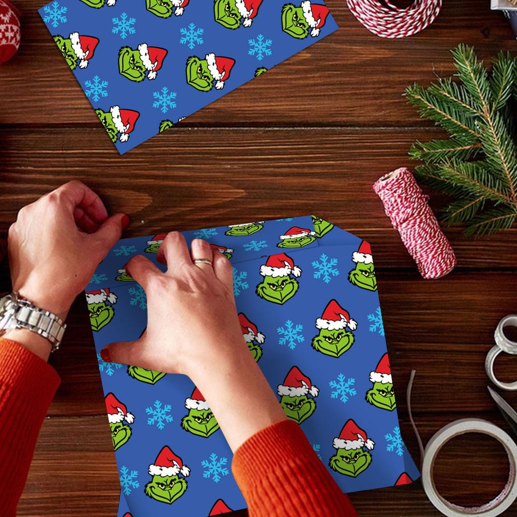 Folded Christmas Wrapping Paper, Funny Cartoon Green Xmas Holiday Wrapping Paper, Christmas Art Paper For DIY Birthday New Year Gift Packing Decor