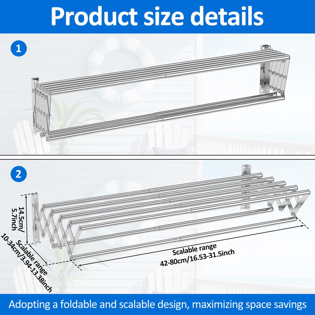 Suport de uscare pentru haine din oțel inoxidabil Suport de uscare retractabil pentru acordeon, montat pe perete, cu 7 tije de uscare pentru spălătorie/baie