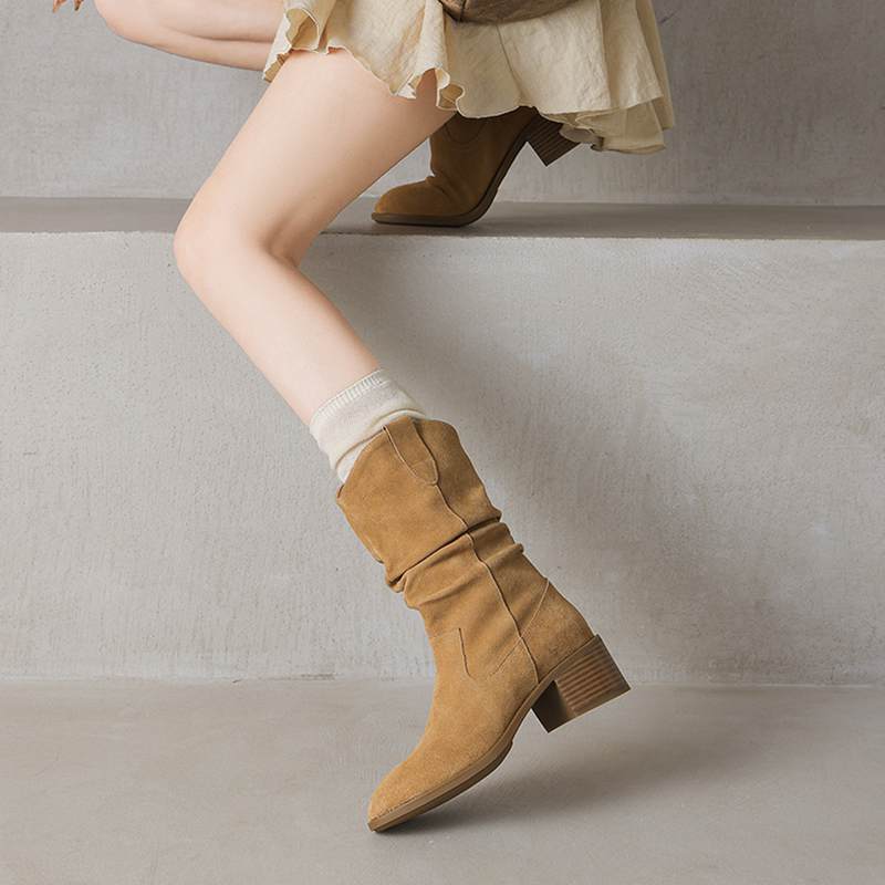 Krazing Pot Cow Suede Nubuck Winter Round Toe Modern Boots Med Heels Slip On Pleated Decoration Women Mid-calf Boots